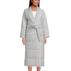 Lands End women's gray quilted heavy robe, white trim, tie waist, size M.